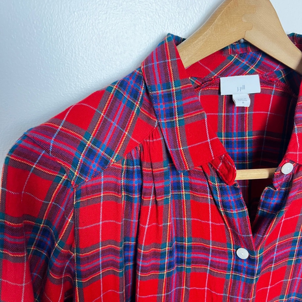 J. Jill Red Plaid Button Down Womens Medium Cotton Blend Long Sleeve Collared - Picture 4 of 7